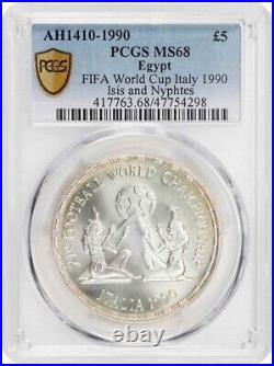 1990 Egypt 5 Pounds Silver Coin 14th Soccer World Championship Italy PCGS MS 68