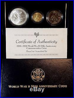 1991-1995 WORLD WAR II 50th ANNIVERSARY COINS 3 COIN UNC. BU SET $5 GOLD ECC&C