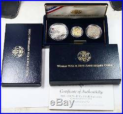 1991 1995 World War II 3 Coin Commemorative Proof Set $5 Gold $1 Silver Dollar