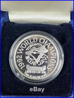 1992 World Champion Toronto Blue Jays Limited Edition Silver 999% 1 troy oz Coin
