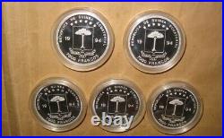 1994 GUINEA WORLD'S FAMOUS DOGS $ color Proof SILVER 5 Pcs COINS Set With COA &