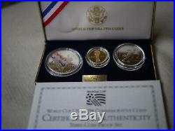 1994 World Cup 3 coin set, $5 Gold, $1 Silver, 50c Cu-Ni, PROOF, COA