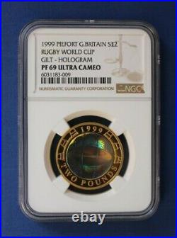 1999 Silver Piedfort Proof £2 coin Rugby World Cup NGC Graded PF69 with COA
