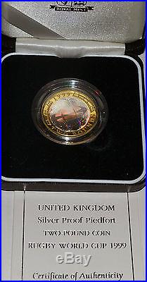 1999 UK £2 Silver Piedfort Proof Coin Rugby World Cup Hologram Boxed/COA 10,000