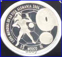 2006 Mexico World Cup Germany $5 Pesos 999 Silver 1 oz Proof Coin + Stand J745