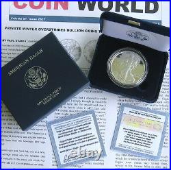 2009 Lustrous Silver Eagle Proof DC Overstrike With Case, Coa And Coin World