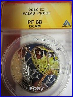 2010 $2 Palau Grasshopper ANACS PR68 World of Insects 1/2oz. 925 Silver Coin ngc