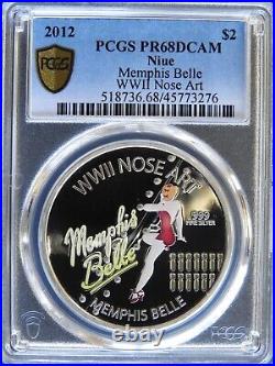2012 Niue 1 oz 999 Silver $2 Nose Art PCGS PR68DCAM Memphis Belle World War II