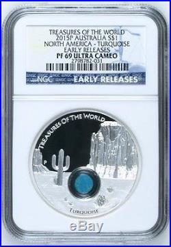 2015 Treasures of the World North America Turquoise 1 oz $1 Silver Coin NGC PF69