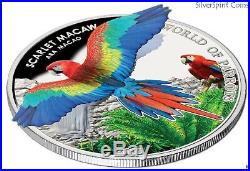 2016 WORLD OF PARROTS SCARLET MACAW Silver Proof Coin with 3D Minting