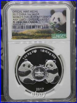 2017 CHINA ANA World's Fair Money 1oz Silver Panda Medal DENVER NGC PF70 UC #RW