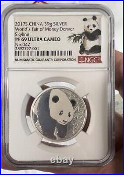 2017 China World's Fair of Money Denver Skyline 39g Silver Panda PF69 UC COA #42