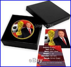 2018 3 Roubles WORLD CUP RUSSIA PUTIN 1 Oz Silver Coin, 24Kt Gold Gilded