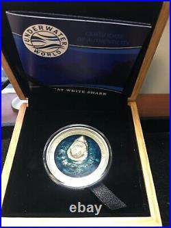 2018 $5 Barbados Underwater World GREAT WHITE SHARK Antiqued 3 Oz Silver Coin