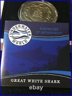 2018 $5 Barbados Underwater World GREAT WHITE SHARK Antiqued 3 Oz Silver Coin