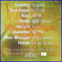 2018 FIFA World Cup 1 oz 3 Rubles Fine Silver Gold Plated Coin Russia LOW COA