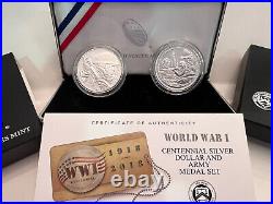 2018p World War 1 Centennial Proof Silver Dollar And Army Medal Set With Ogp+coa