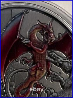 2019 2oz FINE SILVER COLORIZED COIN. MYTHICAL DRAGONS OF THE WORLD. RED DRAGON