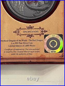 2019 2oz FINE SILVER COLORIZED COIN. MYTHICAL DRAGONS OF THE WORLD. RED DRAGON