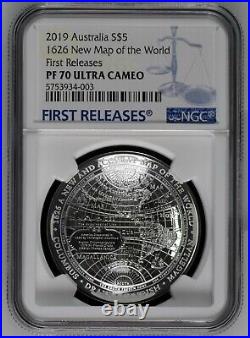 2019 Australia 1oz 1626 New Map of the World Proof Domed Silver Coin NGC PF70