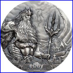 2019 Cook Islands POSEIDON Gods of the World 3 oz Silver Antique Coin MS70