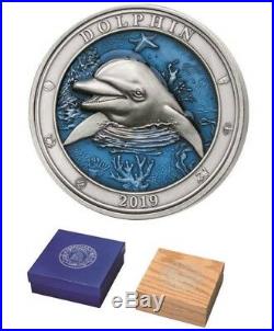2019 DOLPHIN UNDERWATER WORLD Antique Finish 3 Oz. 999 Silver Coin $5 Barbados