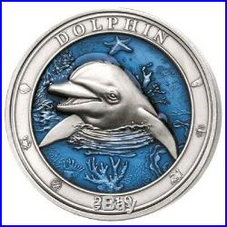 2019 DOLPHIN UNDERWATER WORLD Antique Finish 3 Oz. 999 Silver Coin $5 Barbados