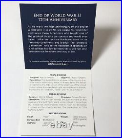 2020 END OF WORLD WAR II 75th ANNIVERSARY SILVER MEDAL U. S MINT OGP W-COA! 20XH