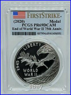 2020 End of World War 2 II 75th Anniversary Silver Medal Eagle PCGS PF69DCAM FS