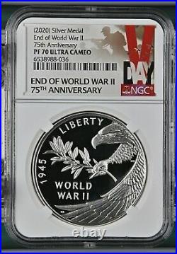 2020 End of World War II 75th Ann Silver Medal 20XH NGC PF 70 Ultra Cameo