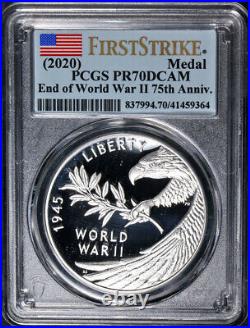 2020 End of World War II 75th Anniv Silver Medal PCGS PR70 DCAM 1st Strike Flag