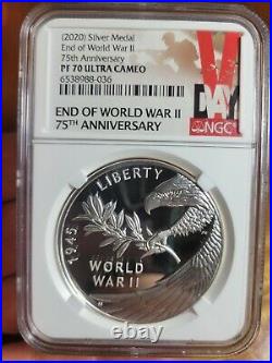 % 2020 End of World War II 75th Anniversary 1 Oz Silver Proof Medal NGC PF70