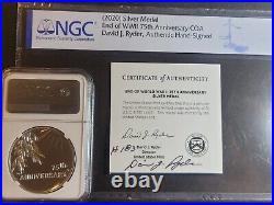 2020 End of World War II 75th Anniversary Silver Medal Signed COA #183 NGC PF70