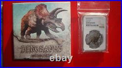 2020 Niue Triceratops 1 oz Colorized Silver Round With Box graded MS 70 Antiqued