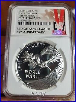 2020 W End of World War II 75th, Anniversary 1 Oz. Silver Proof Medal NGC PF70