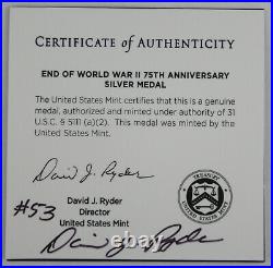 2020 W End of World War II 75th Anniversary Silver Proof Medal +Signed COA #53