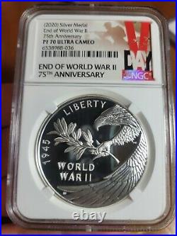 2020 W NGC PF70, End of World War II 75th Anniversary 1 Oz Silver Proof Medal
