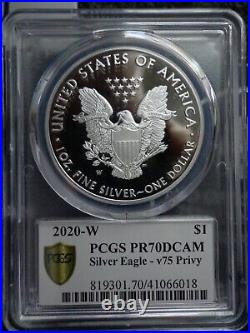 2020 W Proof Silver Eagle World War II V75 Privy PCGS PR70 GOLD SHIELD DCAM OGP