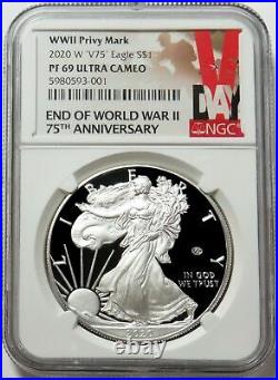 2020 W V75 End Of World War II Privy American Silver Eagle Proof Ngc Pf 69 Uc