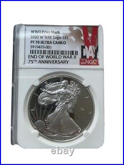 2020 W V75 PF70 END of WORLD WAR II 75th ANNIVERSARY SILVER EAGLE NGC PROOF VDAY