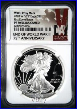 2020 W V75 SILVER EAGLE WWII World War 2 NGC PF70 UCAM Signed, First Day Issue