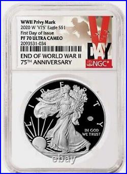 2020 W V75 SILVER EAGLE WWII World War 2 NGC PF70 UCAM Signed First Day of Issue
