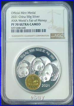 2021 China Panda ANA World's Fair of Money 50g Silver Coin PF 70