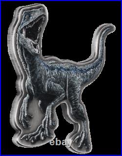 2021 Jurassic World 2oz Silver Antiqued Blue the Velociraptor Shaped Coin