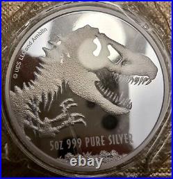2021 Niue 5oz Jurassic Park World Proof 5oz Fine Silver 999 BE 500ex T-Rex