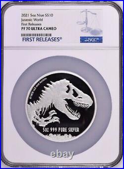 2021 Niue 5oz Jurassic World Park. 999 Silver NGC PR70 Proof $10 FIRST RELEASES