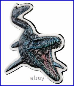 2022 Niue Jurassic World Mosasaurus Shaped 2 oz Silver Antiqued $5 Coin OGP