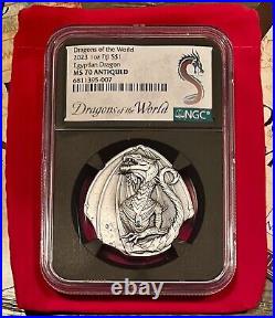 2023 Fiji $1 Egyptian Dragon 1 oz. 999 Silver Antiqued NGC MS70 with OGP & COA