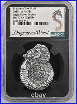 2025 Aztec Mayan Dragon 1 Oz Silver NGC MS70 Dragons of the World $1 Fiji JR024