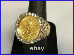 2Ct Round Cut Natural Moissanite Lady Liberty Coin Ring 14K Yellow Gold Plated